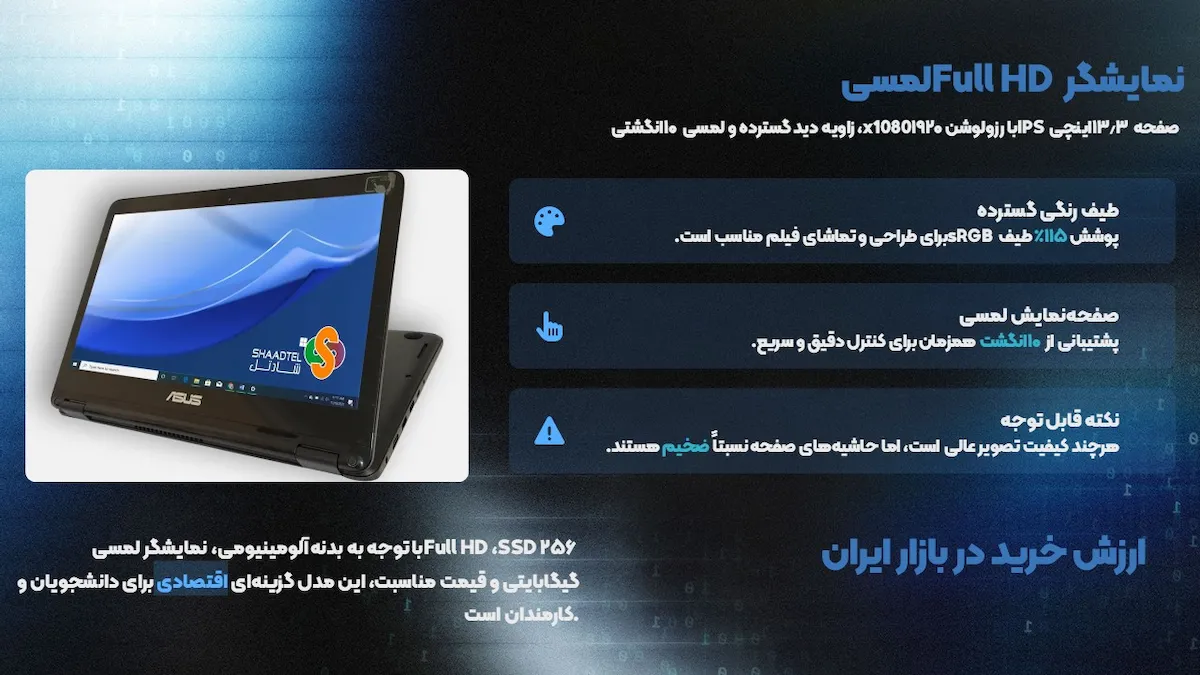 بنر مشخصات صفحه نمایش و ارزش خرید لپ تاپ ایسوس