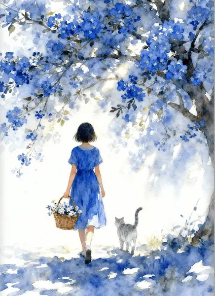 آثار سفارشی زیب هوم - دختر گربه درخت زمینه آبی