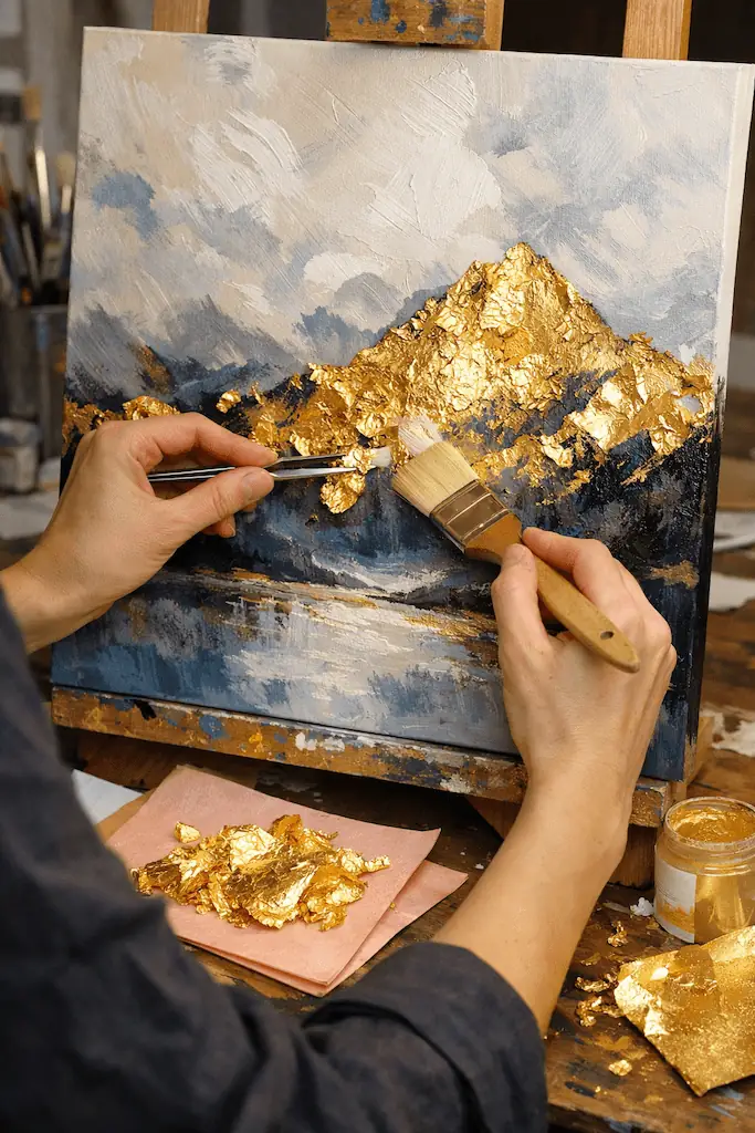 مراحل اجرای تکنیک ورق طلا روی بوم نقاشی - آموزش طلاکاری